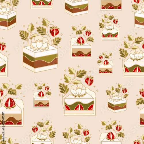 Vintage hand drawn sweet strawberry cake and pastry vector seamless pattern illustration with leaf branch and floral elements