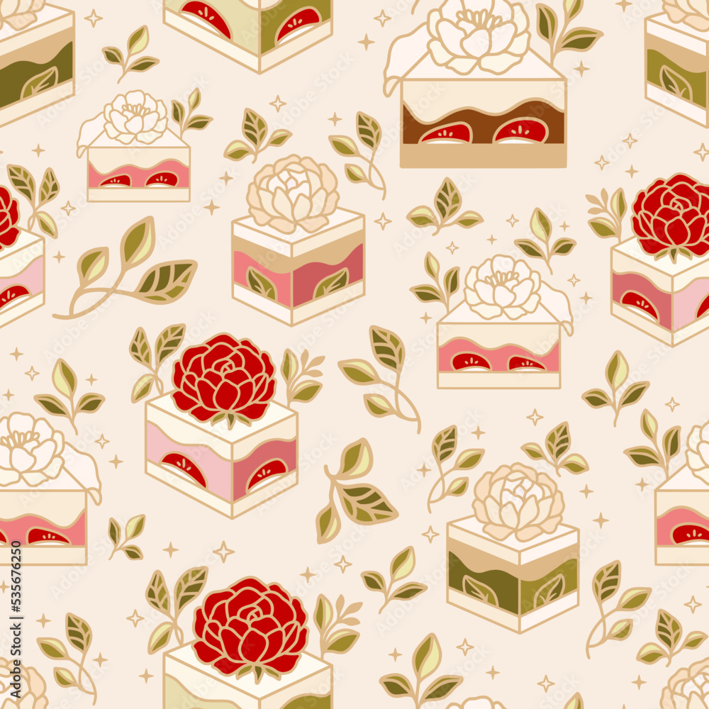 Vintage hand drawn sweet strawberry cake and pastry vector seamless pattern illustration with leaf branch and floral elements