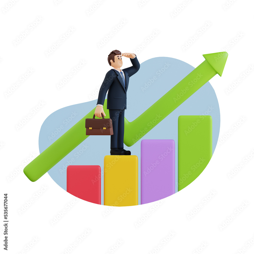 businessman standing on the chart statistic 3d character illustration businessman standing on the chart statistic 3d character illustration