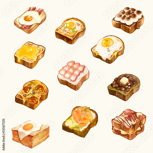 Set of watercolor sweet and savory toast vector illustration