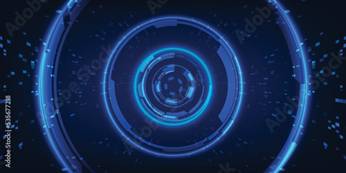 Vector illustration of orbit glowing blue with hi-tech HUD and particle forward motion represent to speed of digital data in communication innovation technology of the future.