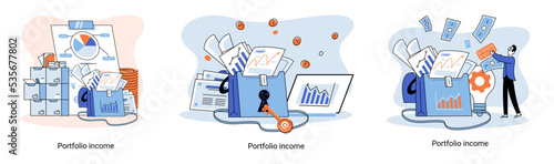 Investment portfolio income dollars currency, buy sell trading, market exchange value metaphor, businessman investor or trader balance portfolio with coins. Financiers analyzing stock market profit