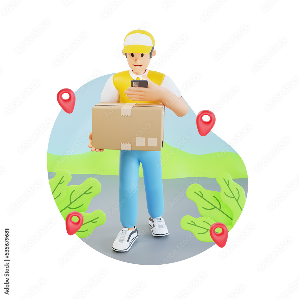 courier bring order box while looking phone screen 3d character illustration