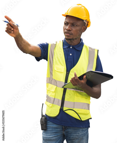 African worker holding document, standing and checking the containers box from cargo ship for export and import
