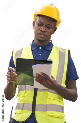 Photo African worker holding document, standing and checking the containers box from c