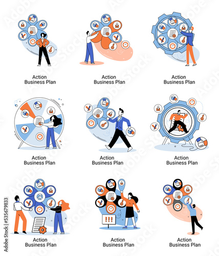 Action business plan, development strategies, foreseeing market risks. Company success secret, idea growing business achieve target metaphor, study production and sales market. Strategic biz planning