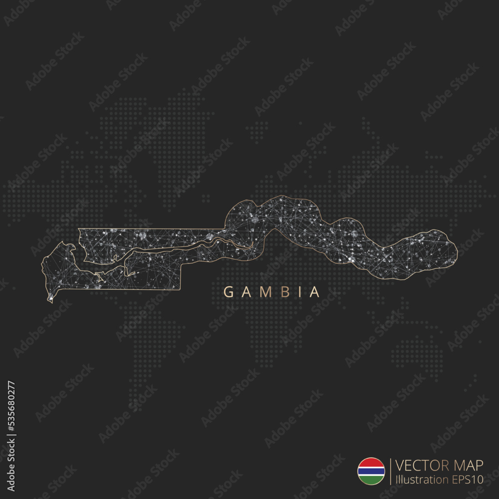 Naklejka premium Gambia vector map abstract geometric mesh polygonal light concept with gold and white glowing contour lines countries and dots on dark background.