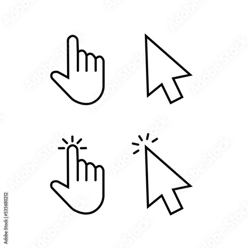 Hand pointer cursor mouse icon set. Black finger touch screen symbol, clicking cursor arrow, mouse computer key. Click, tap, swipe, slide , hand signs. Isolated UI vector design on white background
