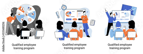 Qualified employee training program. Refresher course metaphor. Help in professional development. Learning for software development and growth. Agile project management team project life scrum meeting