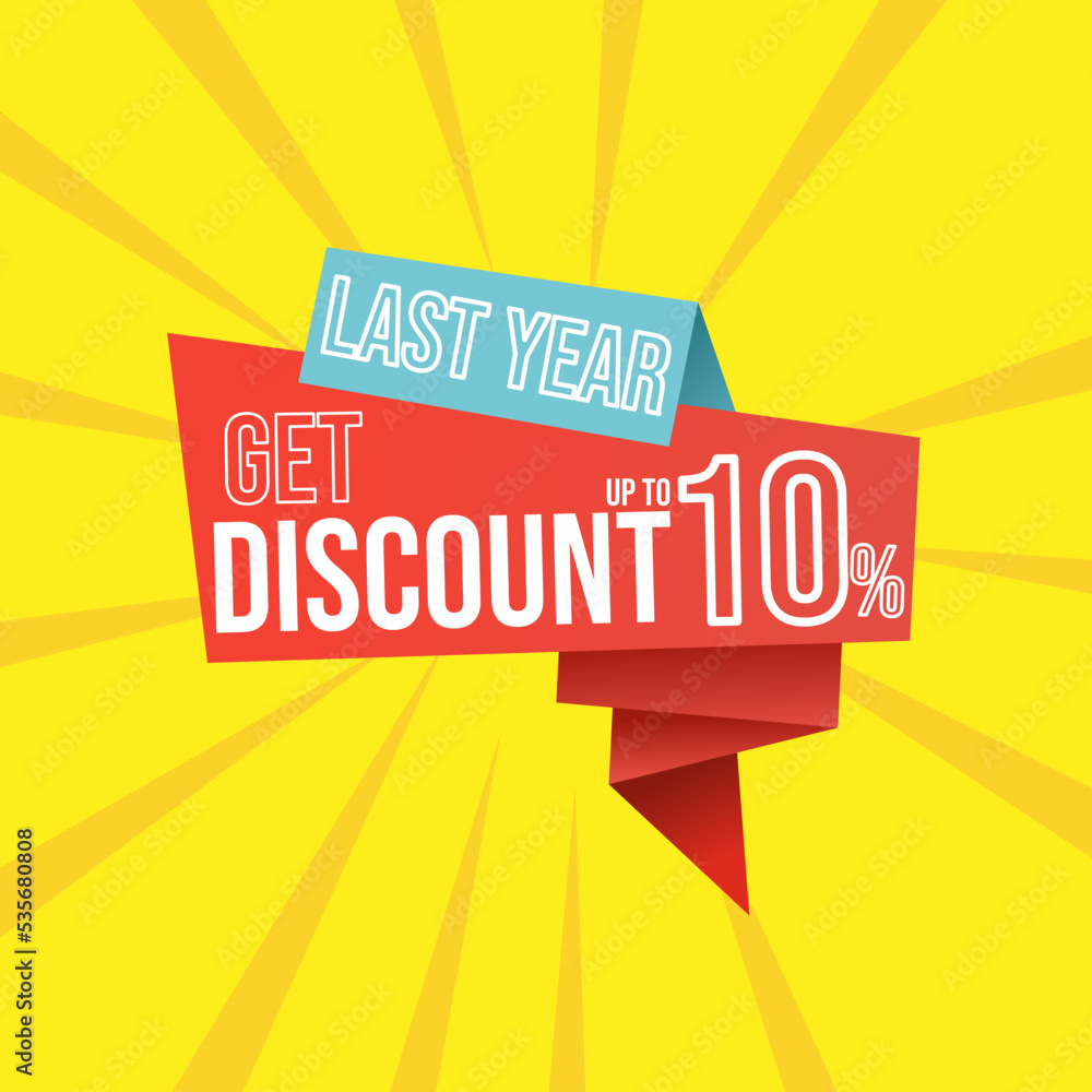 Fototapeta premium Discount last year up to 10 percent red banner with floating ribbon banner for promotions and offers.