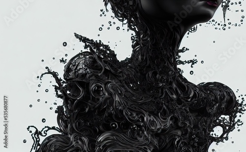 Face with black liquid on white splash explosion of black smoke ink paint in water, black blend in swirls, black water paint simulation, 3D render illustration