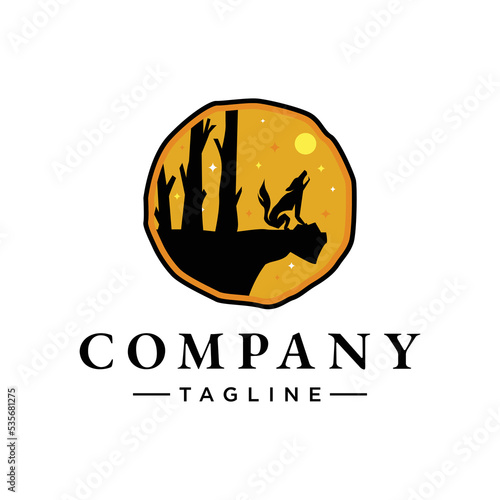 vector illustration in light modern design Sitting wolf silhouette in the night. Logo icon vector illustration.