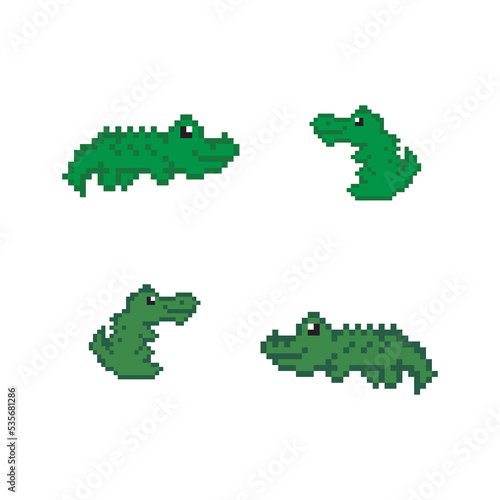 gator 8 bit logo, Cartoon green crocodile danger predator and wildlife river reptile alligator pixel art isolated vector illustration.