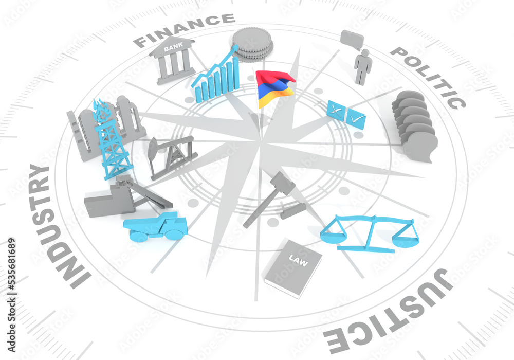 Concept of justice, finance, politic and heavy industry. Flag of Armenia. Objects located in the circle. 3D Render Concept of justice, finance, politic and heavy industry. Flag of Armenia. Objects located in the circle. 3D Render
