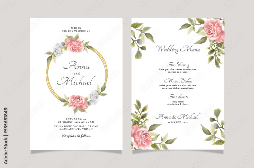 Set of card with pink flower rose and leaves. Wedding ornament concept. Floral poster invitation. Vector decorative greeting card or invitation design background