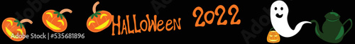 halloween 2022 banner with ghost out from green tea pot with a lot of jack o lantern in black background banner