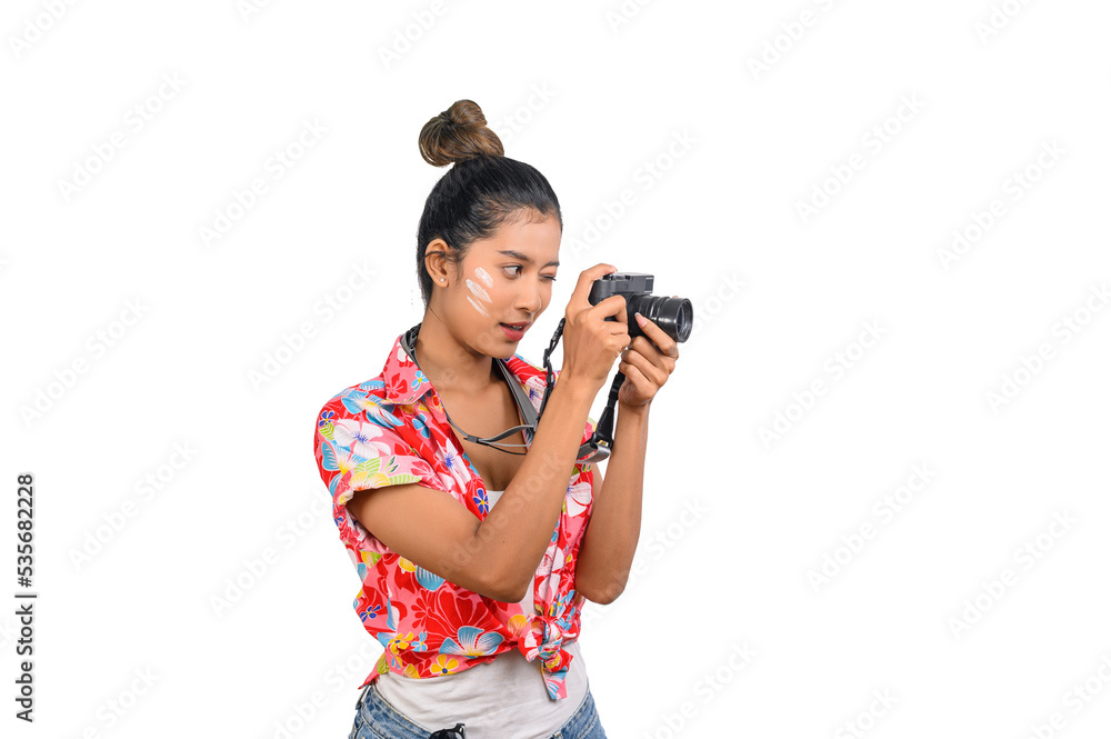 Portrait cute woman in Songkran festival with water gun Portrait cute woman in Songkran festival with water gun