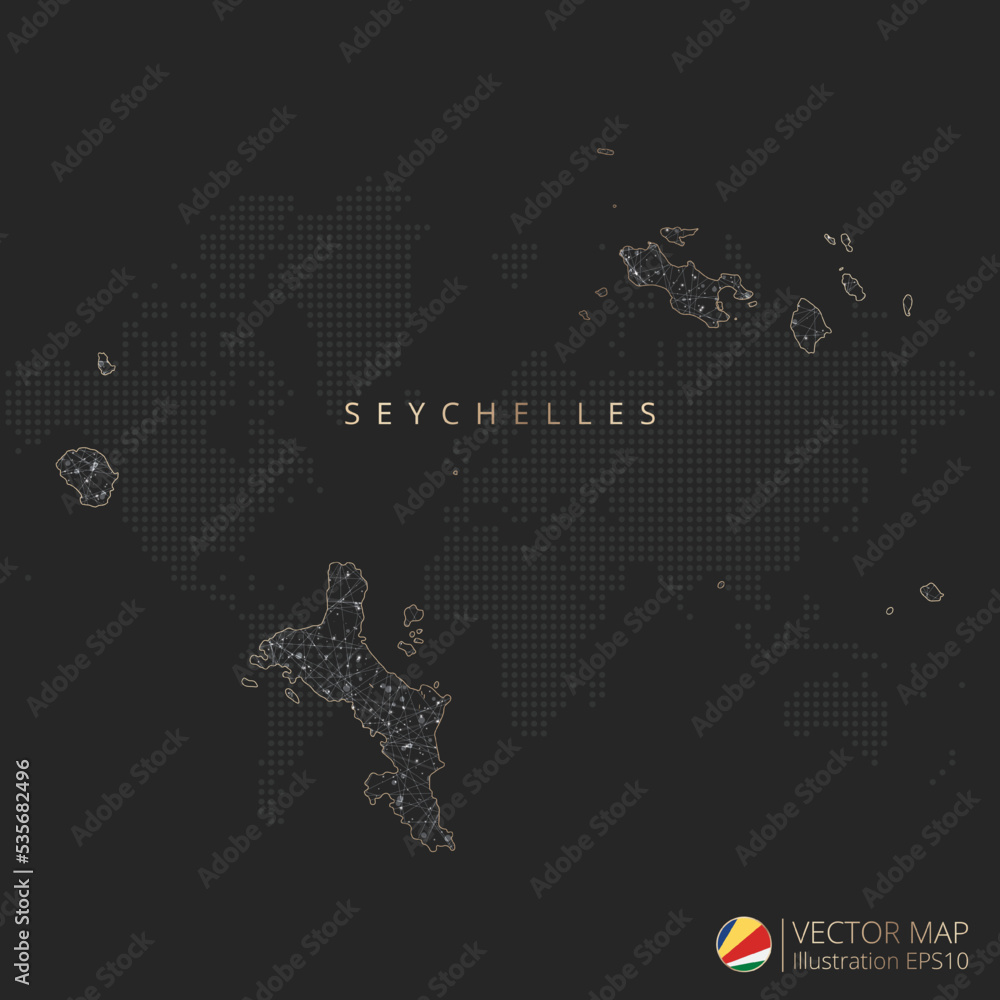Obraz premium Seychelles vector map abstract geometric mesh polygonal light concept with gold and white glowing contour lines countries and dots on dark background.