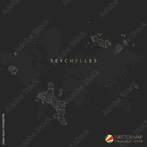 Seychelles vector map abstract geometric mesh polygonal light concept with gold and white glowing contour lines countries and dots on dark background.