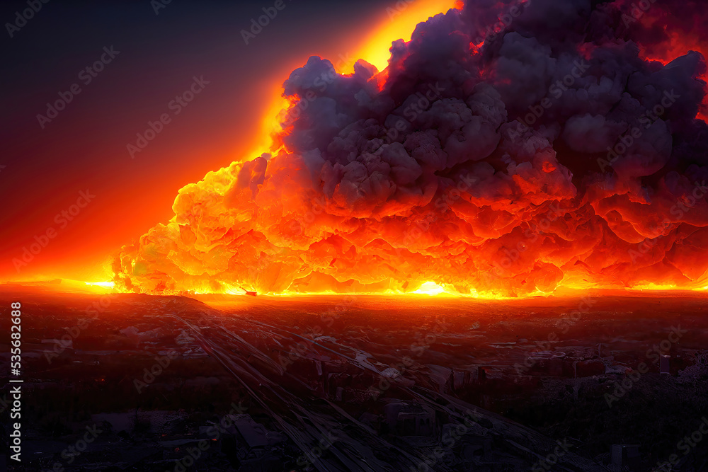 3D Illustration, Digital Art, huge explosion smoke in a warzone.