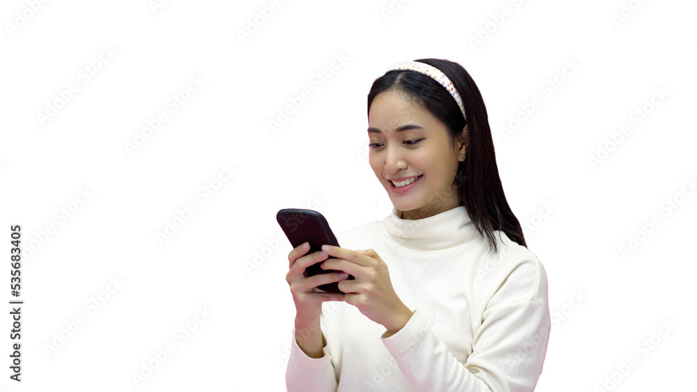 Asian woman smiling and using mobile phone with tablet and excited for online shopping on isolated pink background. Asian woman smiling and using mobile phone with tablet and excited for online shopping on isolated pink background.