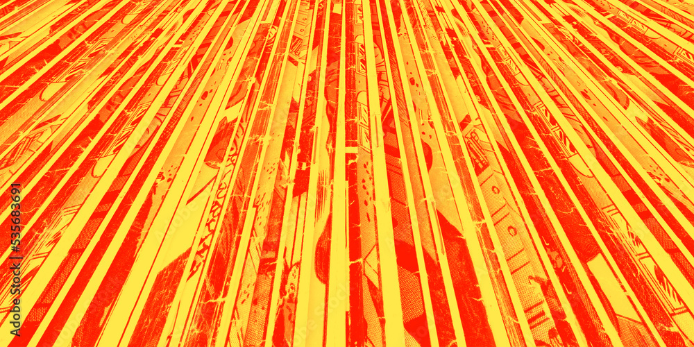 Old comic books stacked in a pile creates colorful abstract background texture with red and yellow duotone effect