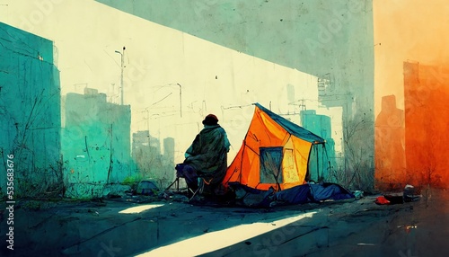 Poverty and homelessness digital illustration, computer-generated to show wealth inequality and the reality of being poor. photo