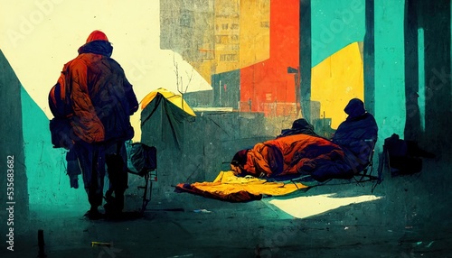 Poverty and homelessness digital illustration, computer-generated to show wealth inequality and the reality of being poor. photo