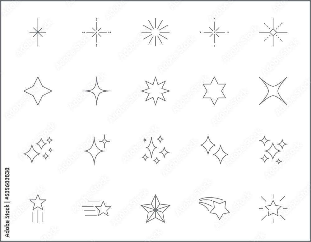 Simple Set of sparkle Related Vector Line Icons.
Vector collection of star and glittering symbols or logo elements in thin outline.
