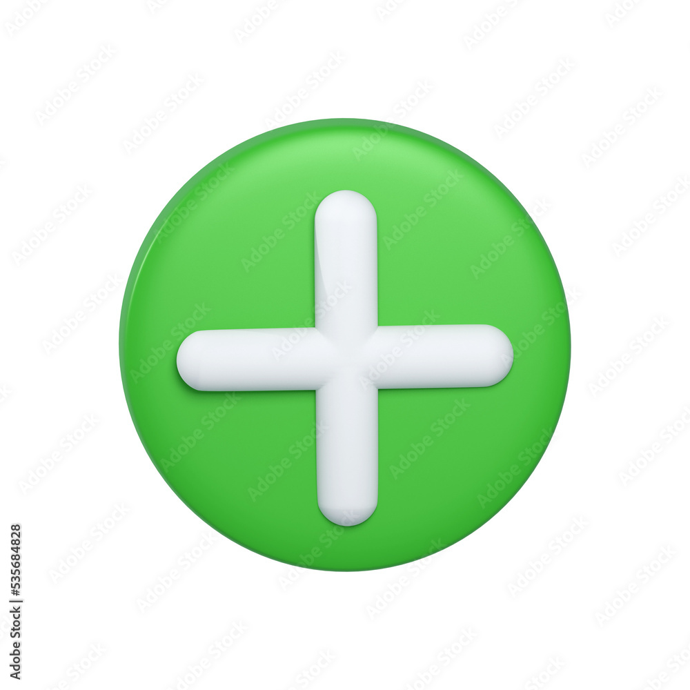 3d Rendering of plus icon on green button isolated on white. 3d Rendering of plus icon on green button isolated on white.