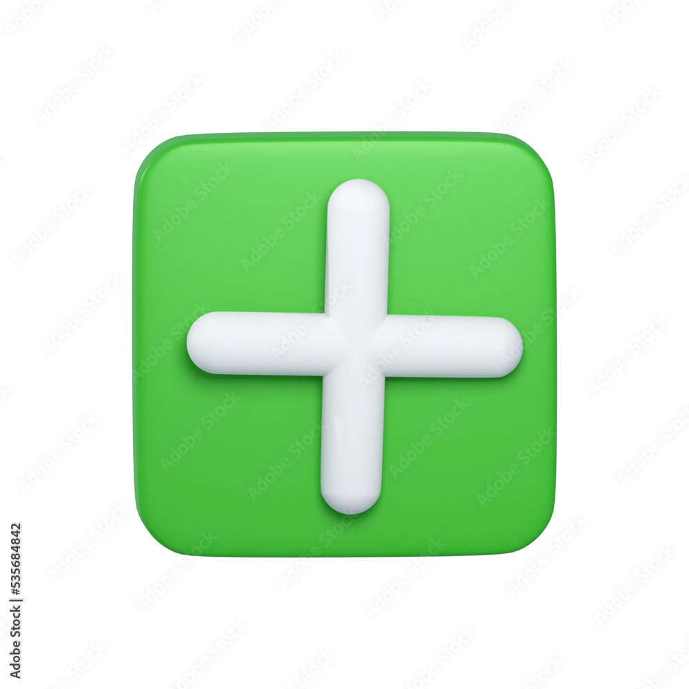 Obraz premium 3d Rendering of plus icon on green button isolated on white.