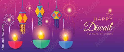 Happy Diwali light festival background vector. Diwali festival wallpaper design with colorful lantern lights, floating lights, firework. Culture illustration design for celebration, greeting, card.