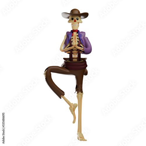 3D illustration. Cowboy Skull 3D cartoon showing one leg stand. hands stacked forward. showing a cute smile. 3D Cartoon Character