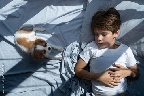 Fotografia boy with a dog in an embrace lies in bed in morning