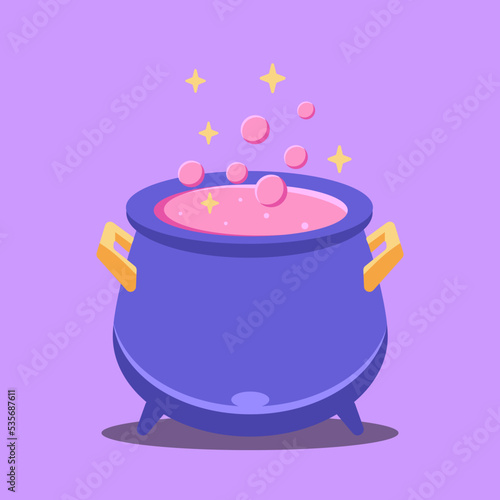 Witches cauldron with pink potion nd steam for halloween. cartoon vector illustration isolated background