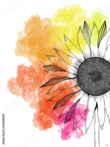 Beautiful sunflower. Bright watercolor sunflower. Rainbow sunflower, handmade. Botanical art.