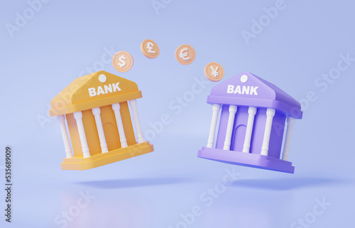 Two bank payment currency transfer money system transaction online concept. into Internet banking, dollar pound euro yen illustration cartoon minimal, copy space, 3d rendering photo