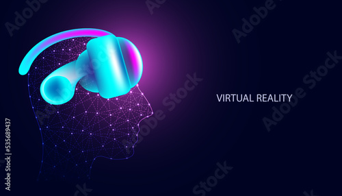 Abstract VR glasses worn on the head to enter entertainment activities, play games, watch movies, listen to music on a modern background, futuristic digital.