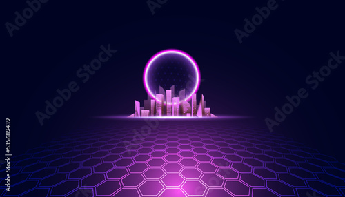 Abstract Metaverse Virtual reality Concept Buildings, digital maps and digital worlds of Future technology metaverse connected to the virtual space on a modern background.