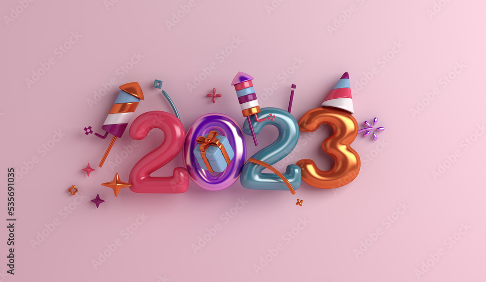 Happy new year 2023 decoration background with firework rocket, gift box, 3D rendering illustration