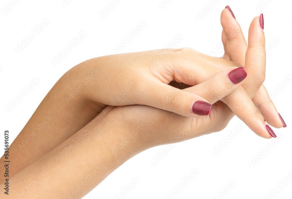 cutout of Female hands with red manicure holding together. cutout of Female hands with red manicure holding together.