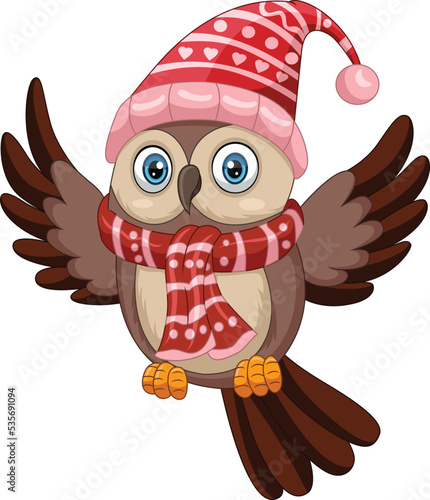 Cute owl cartoon wearing a scarf and santa hat