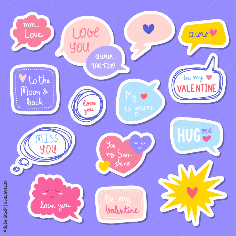 Vector Valentine's day speech bubbles and frames with cute text about love and hearts stickers. Pastel color hand drawn illustration