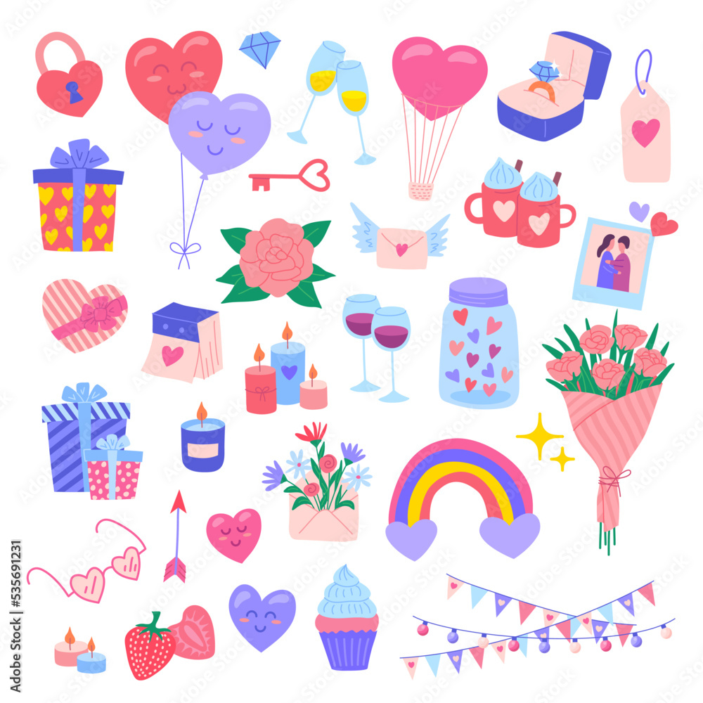 Vector Valentine's day elements set. Hearts, flowers, bouquet, presents, two cups, shampagne and wine illustration
