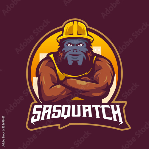 Sasquatch mascot logo design illustration vector. Bigfoot wears constructor uniform
