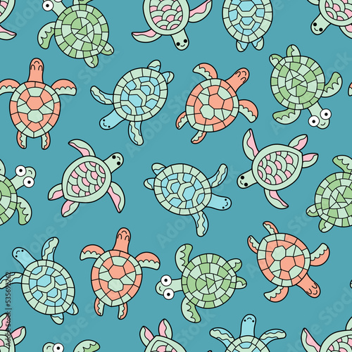 Hand-drawn sea turtles in water seamless pattern vector illustration. Funny cartoon animal surface design for kids. Green and pink, Orange and blue turtles chaotic pattern on blue