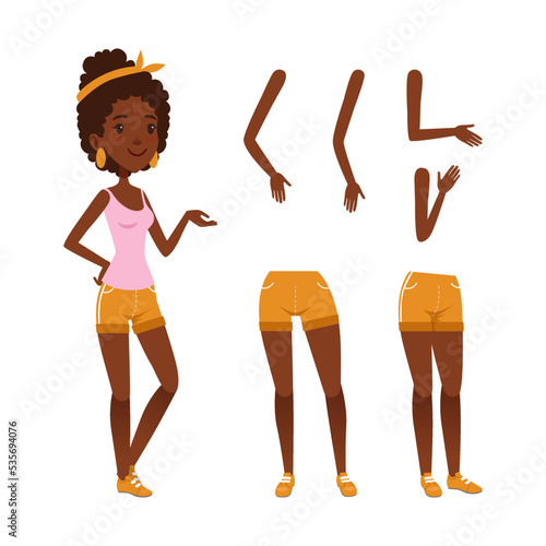 Full length portrait of smiling african american girl, legs and arms set. Happy girl character creation, constructor for animation cartoon vector illustration