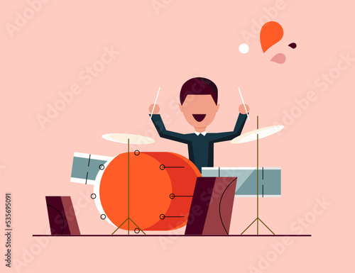 young guy drummer playing drums and musical instruments, vector