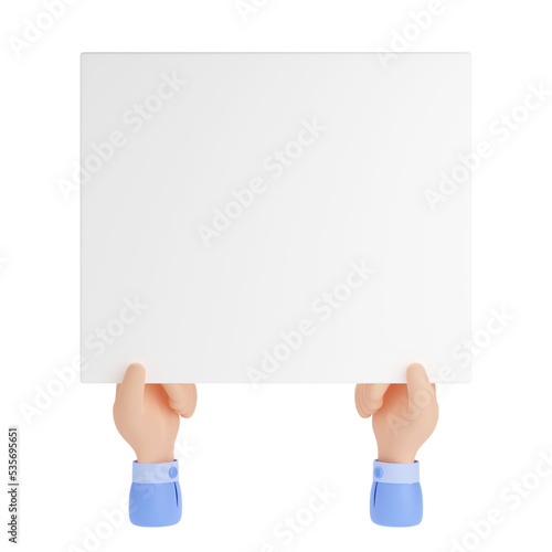 3d render hands holding blank paper. Businessman arms with empty placard or banner mockup for announcement, advertising or message isolated Illustration on white background in cartoon plastic style