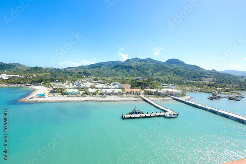 Amber cove, puerto plata, dominican republic: Tropical resort with pier for cruise ships on sunny day